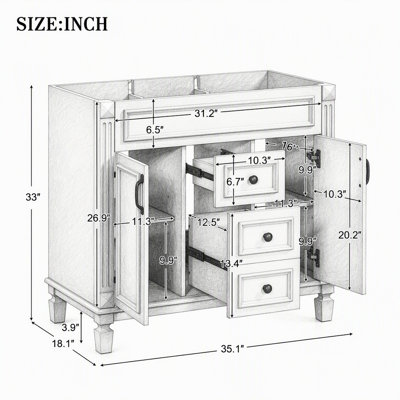 Meuble-lavabo moderne de 91 cm (36 po) avec 2 portes à fermeture douce, meuble de rangement seulement