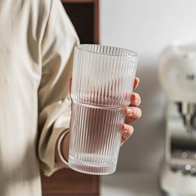 20oz Ribbed Glass Tumbler Set of 4– Large Capacity Drinking Glasses for Iced Coffee