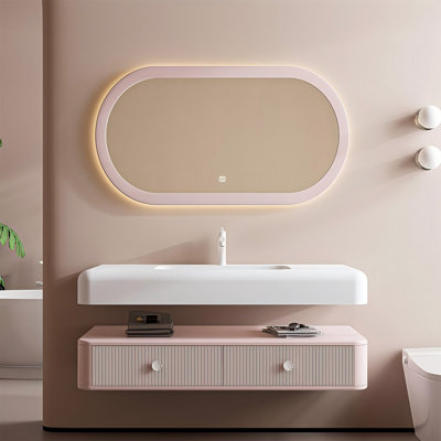43.31"Solid Wood Rubberwood Dual-Level Floating Washbasin Vanity With a Smart Mirror