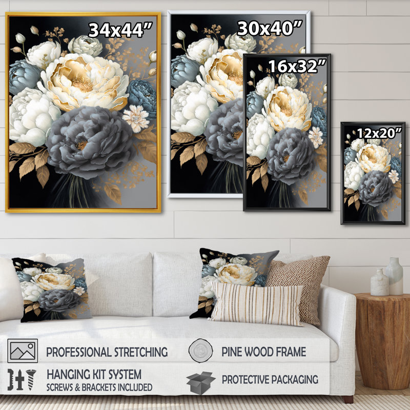Bouquet de pivoines blanches, bleues et grises I - Impression sur toile, H 20 po x l 12 po x P 1 po, Cadre flottant doré
