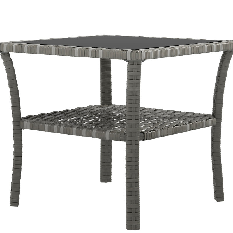 Table basse carrée d'extérieur avec tablette, gris, verre trempé, table avec cadre en aluminium, 2 rangements, gris