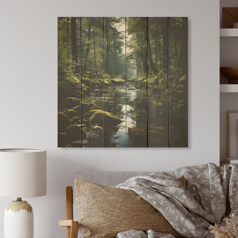 Rivière, forêt, trésor caché, paysage IV - forêt, art sur bois de pin naturel, H 25 po x l 25 po