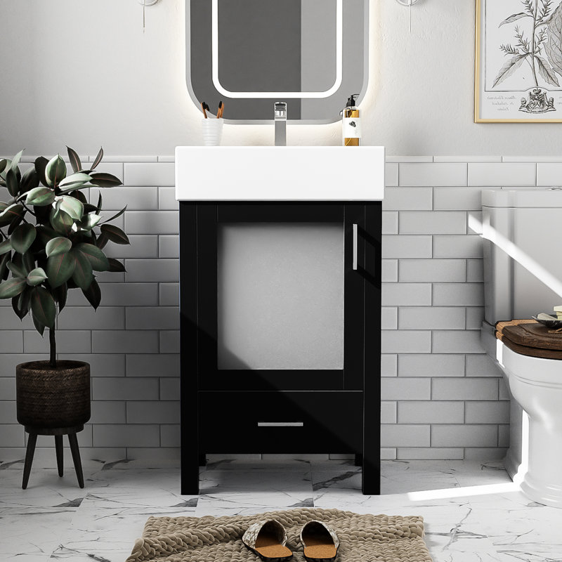 Meuble-lavabo de 20,69 po pour les petites salles de bain avec lavabo en céramique intégré, fabrication, portes silencieuses en verre givré de 20 po, un trou de robinet pré-percé, protection contre le débordement
