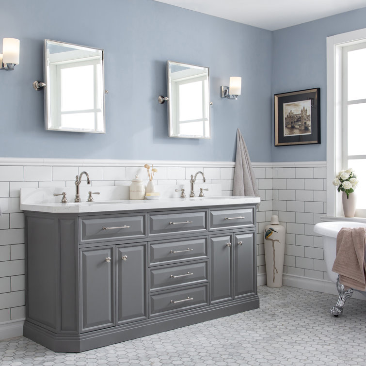 72" Palace Collection Quartz Carrara Cashmere Grey Bathroom Vanity Set With Hardware And F2-0012 Faucets, Mirror in Chrome Finish
