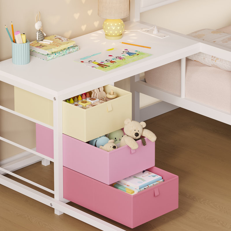 Lit superposé simple avec bureau et 6 tiroirs de rangement, lit mezzanine plateforme en métal avec éclairage DEL, chargeur et organisateur 10 poches, optimisation de l'espace, lit enfant décalé blanc et rose