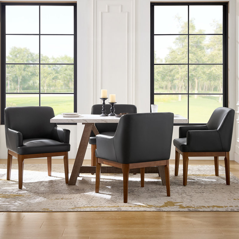 Glenys 24.5"W Mid-Century Modern Leather Dining Chair Set with Solid Wood Legs, 4, Black
