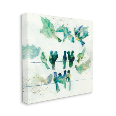" Birds On Clothes Line Swirling Blue Green Pattern " by Ruth Fromstein