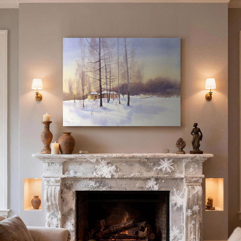 « Arbres dénudés dans un champ enneigé », aquarelle minimaliste d'hiver, impression murale sur toile épaisse avec cadre en pin