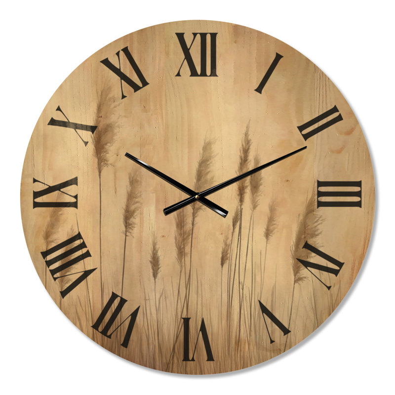 Grande horloge murale ronde en bois Boho - Champ de pampas neutre, Large