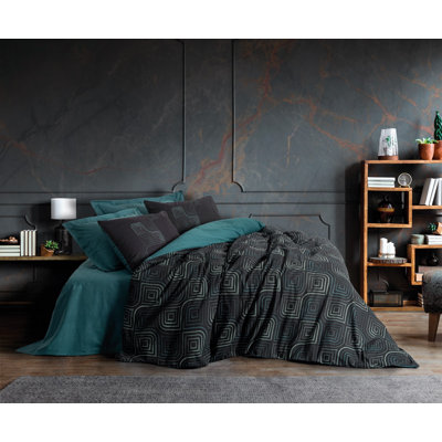 Premium Ranforce Double Quilt Cover Set, Petrol | 100% Cotton, 78.7 x 86.6 inches Duvet Cover, 94.5 x 102.4 inches Flat Sheet, 19.7 x 27.6 inches (2 Pillowcases) | Reactive Printing, Machine Washable, Elegant Design