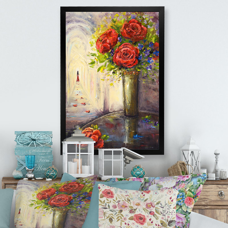 Roses et amour - reproduction d'art sur toile traditionnelle, Cadre photo noir, H 20 po x l 12 po x P 1 po