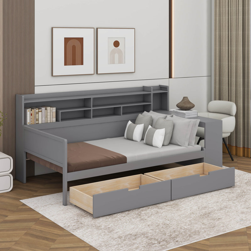 Lit de jour simple avec tablettes et tiroirs de rangement, Gris