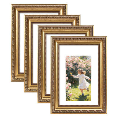 Vintage 6x9 Picture Frame with 4x6 Mat, Elegant Retro 6 by 9 Photo Frame for Wall or Tabletop Display, 4 Pack