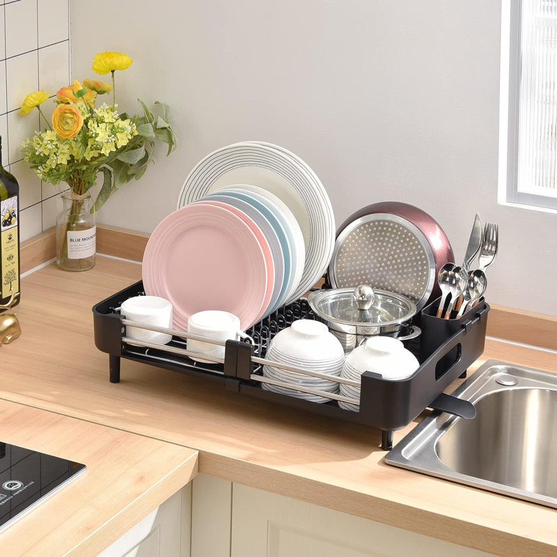 Black Stainless Steel Foldable Dish Rack with Utensil Cup