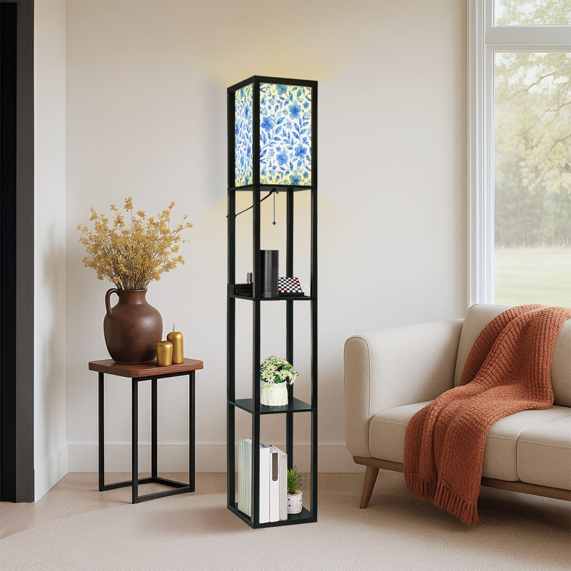 Dimmable LED Standing Floor Lamp Blue Floral, MDF Frame Floor Lamp with Remote Control, 3 Color Light, for Living Room Bedroom