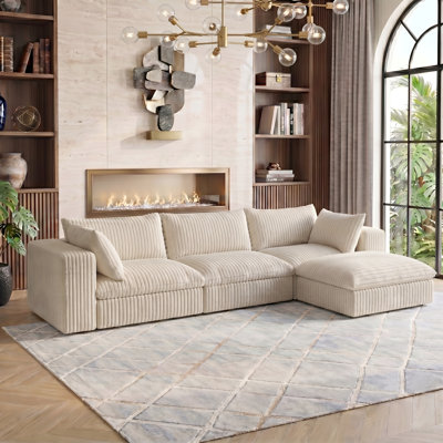 118" Corduroy Modular Sectional Boneless Sofa Couch, Oversized 3-Seater Cloud Couches with Removable Cushion & Ottoman, No Assembly Required, Free Combination, Cozy Deep Seat Compression Couches for Living Room, Apartment