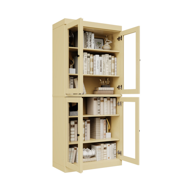 Veera Palace Imports 100% Solid Wood 6-Shelf Bookcase, Clear Glass Doors, Adjustable Shelves, 32" Wide, 71.5" Tall, Yellow