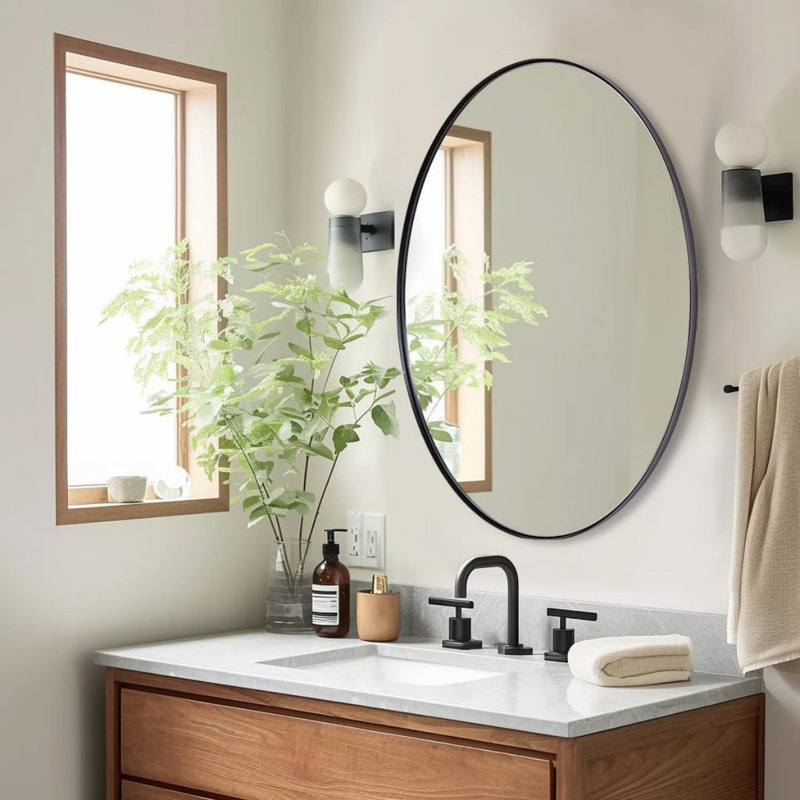 Kaitlee Modern Bathroom Vanity Wall Mirror | Stainless Steel Frame, Matte Black, 36" x 24", Oval
