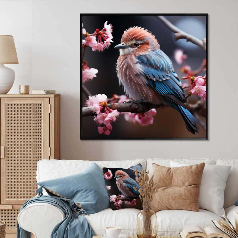 «Pink Bird In Winter Charm I», art mural oiseau, Cadre flottant noir, 36" H x 36" W