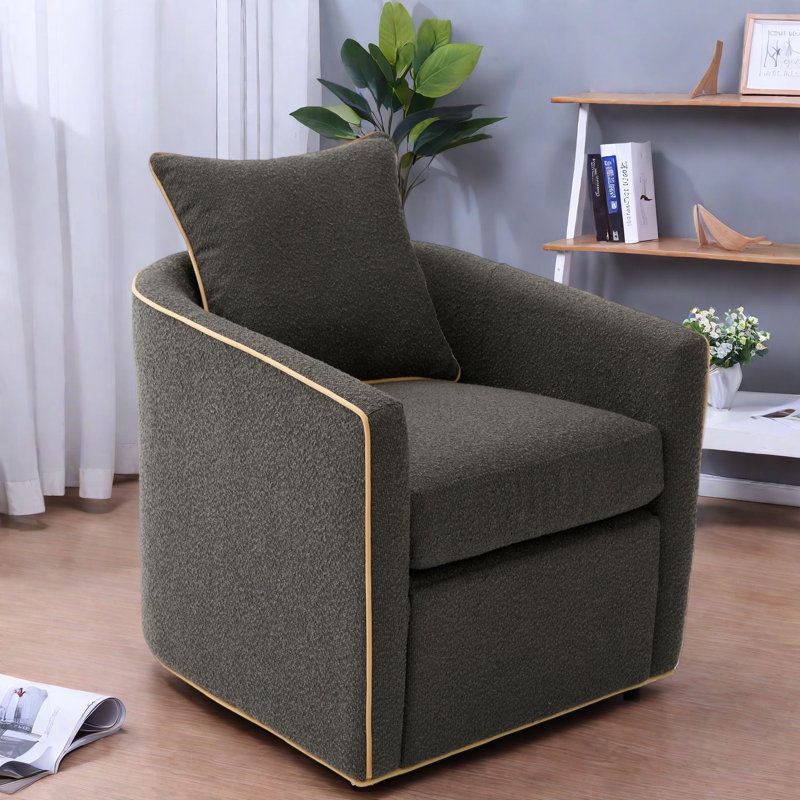 Fauteuil d'appoint pivotant moderne, revêtement en polyester gris foncé, conception en tonneau pour espaces compacts