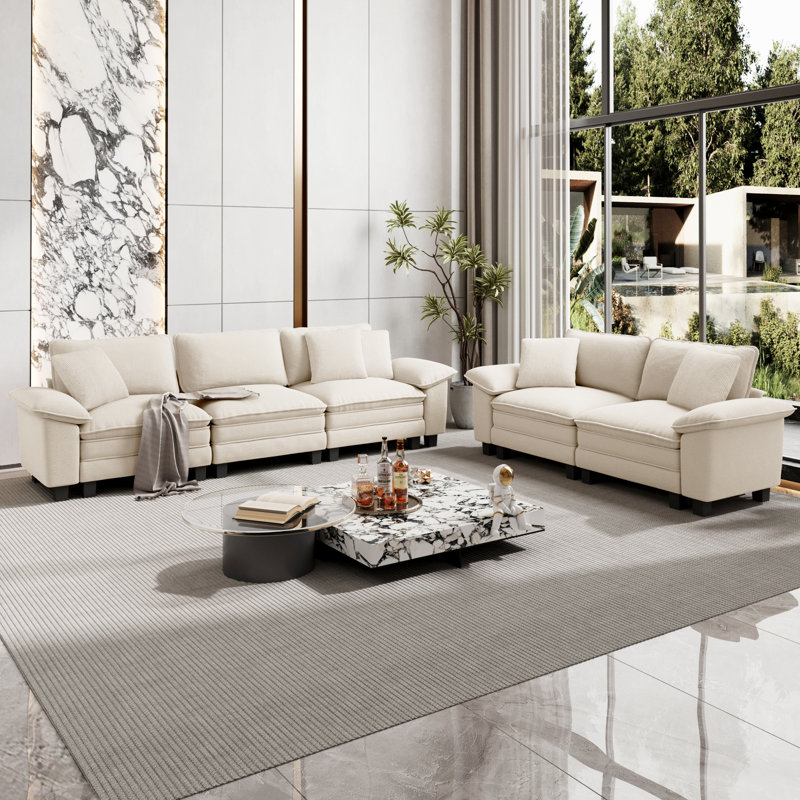 2-Piece Upholstered Living Room Set with Loveseat and Sofa - Oversized Chenille Modular Couch, Ivory Chenille