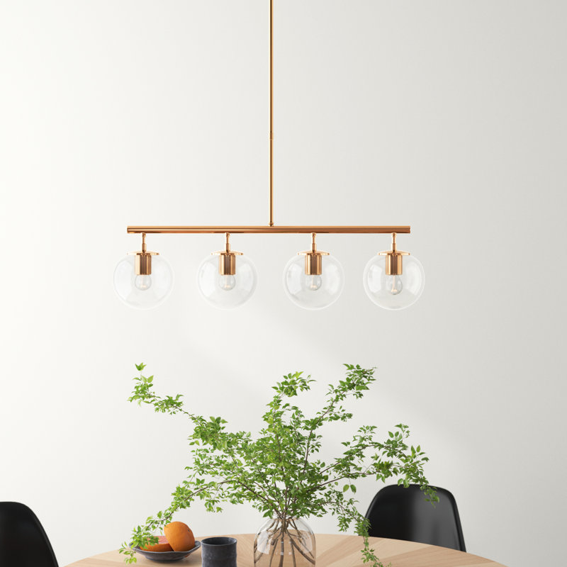 Elegant Adjustable Chandelier, Vintage Copper Finish, 27.6 x 5.9 x 16.9-34.3 inches | Metal Body, Glass Cap, 4 x E14 Max 40W Sockets | Modern Scandinavian Design for Glamorous Home Decor, IP20 Rated