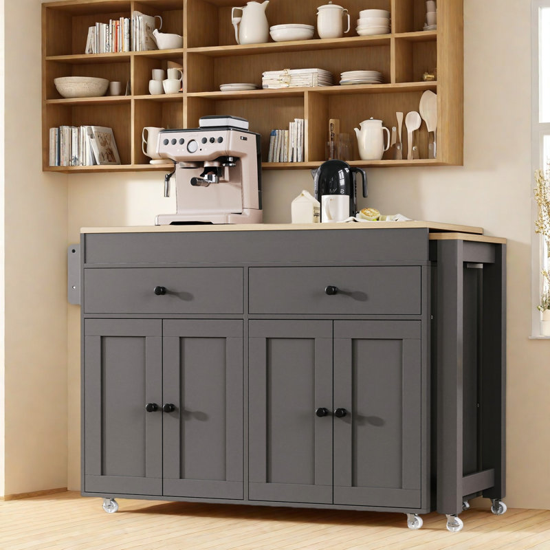 Îlot de cuisine avec table de salle à manger extensible, roulettes, étagère à épices, 2 tiroirs et armoires, Gris