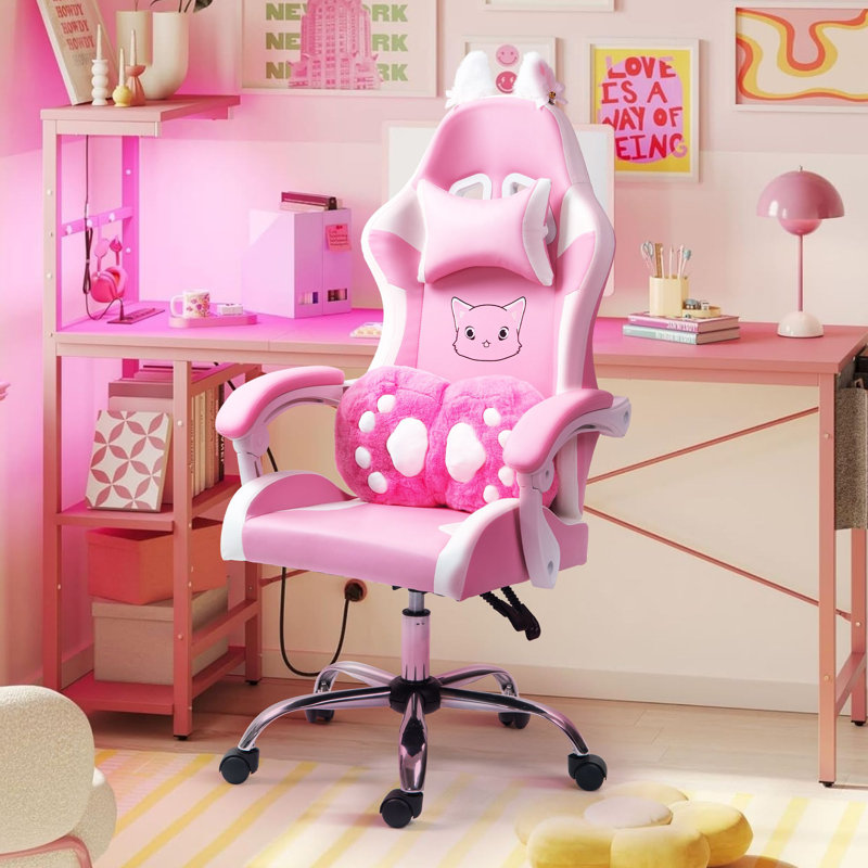 Cute Gaming Chair with Cat Paw Lumbar Cushion and Cat Ears, Ergonomic Computer Chair,Reclining PC Game Chair for Girl