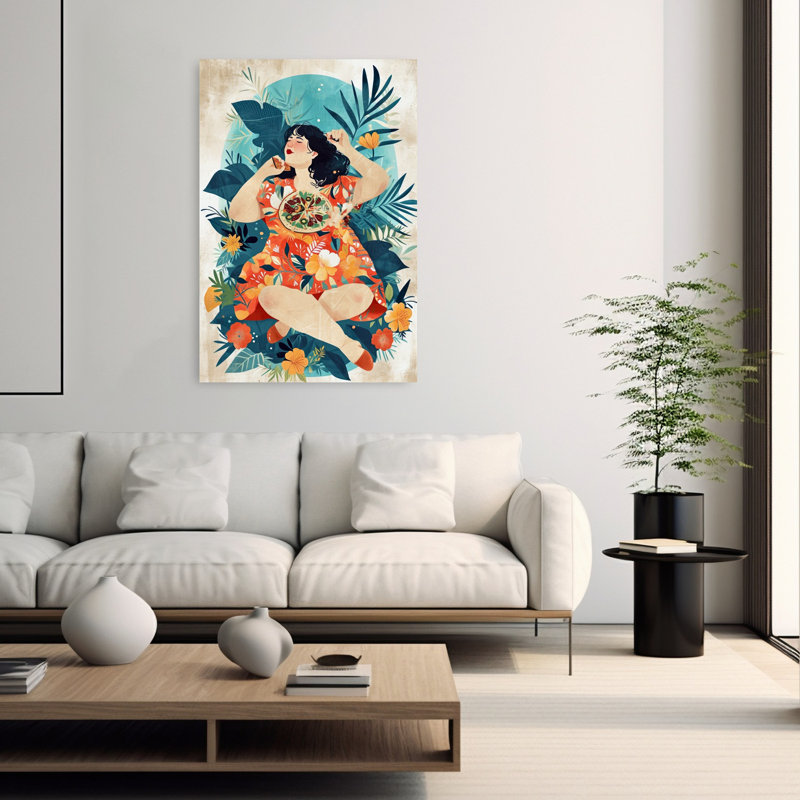 «Happy Woman Eating Pizza Tranquil Vibrant Nature Summer», art mural, H 60 po x l 40 po