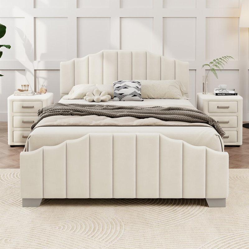 Tête de lit et pied de lit capitonnés en velours, avec sommier tapissier Velvet, Beige, Double