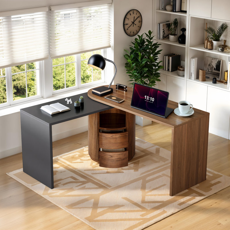 Modern L-Shaped Desk with Drawers & Rotating Storage