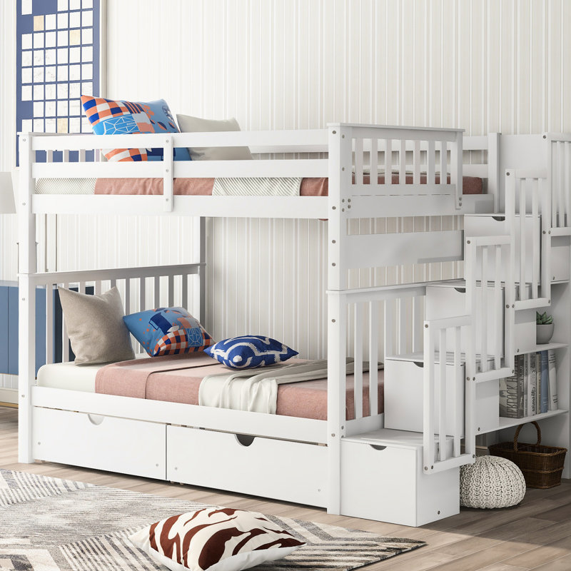 Full Over Bunk Bed In White, 6 Drawers And Shelves For Book Storage, Staircase With Divisible Design Space Organization Bed, White Finish, Efficient Utilization, Solid Safe Upper Exit