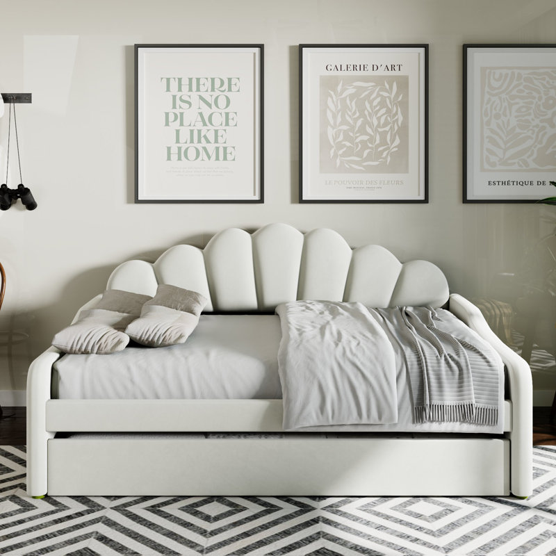 Kaleab Upholstered Full Daybed, Curved Arms Shalle, Shaped Backrest, Sofa, Guest Bed, Beige