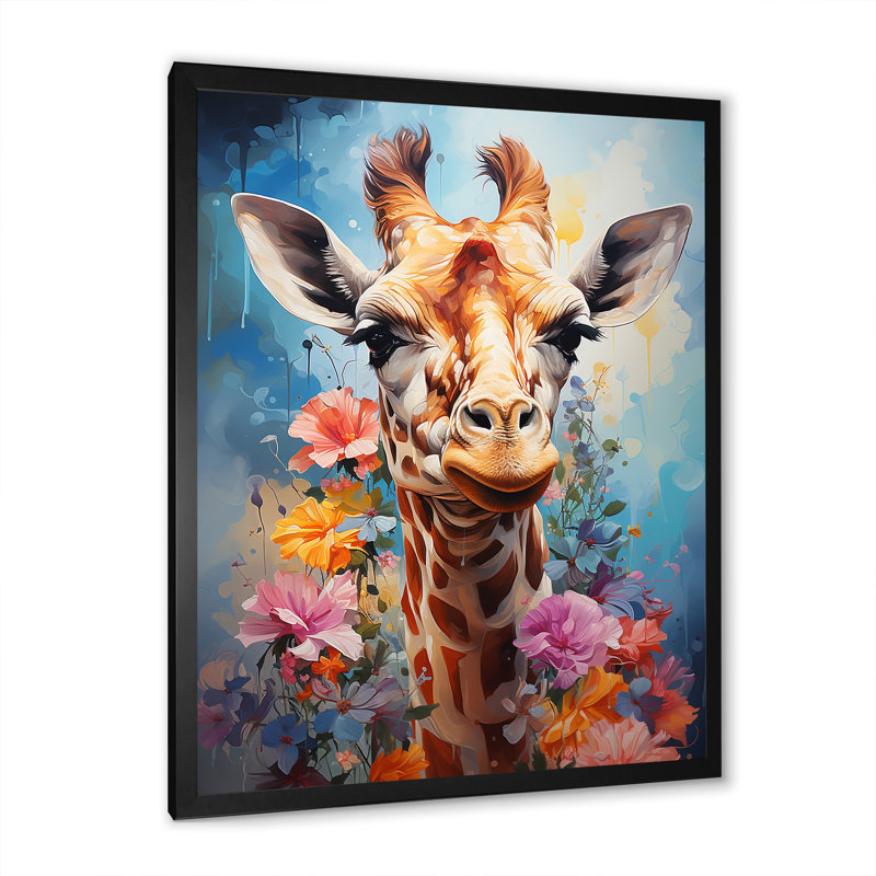 Popart Art, girafe multicolore Grace I sur toile, Cadre simple noir, H 32 po x l 16 po x P 1 po