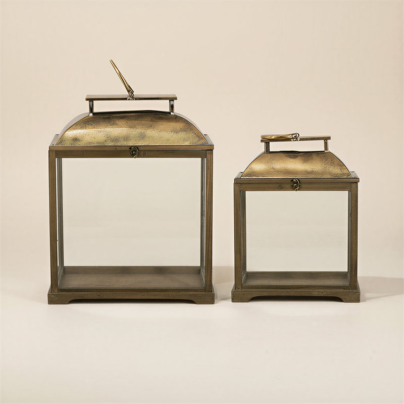 Wooden Lantern with Metal Top, Rustic Glass Candle Lantern Decor