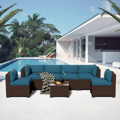 7-piece Outdoor Patio Furniture Set, All-weather Rattan Sectional Sofa With Waterproof Cushions & Tempered Glass Table, Perfect For Garden, Poolside, Backyard
