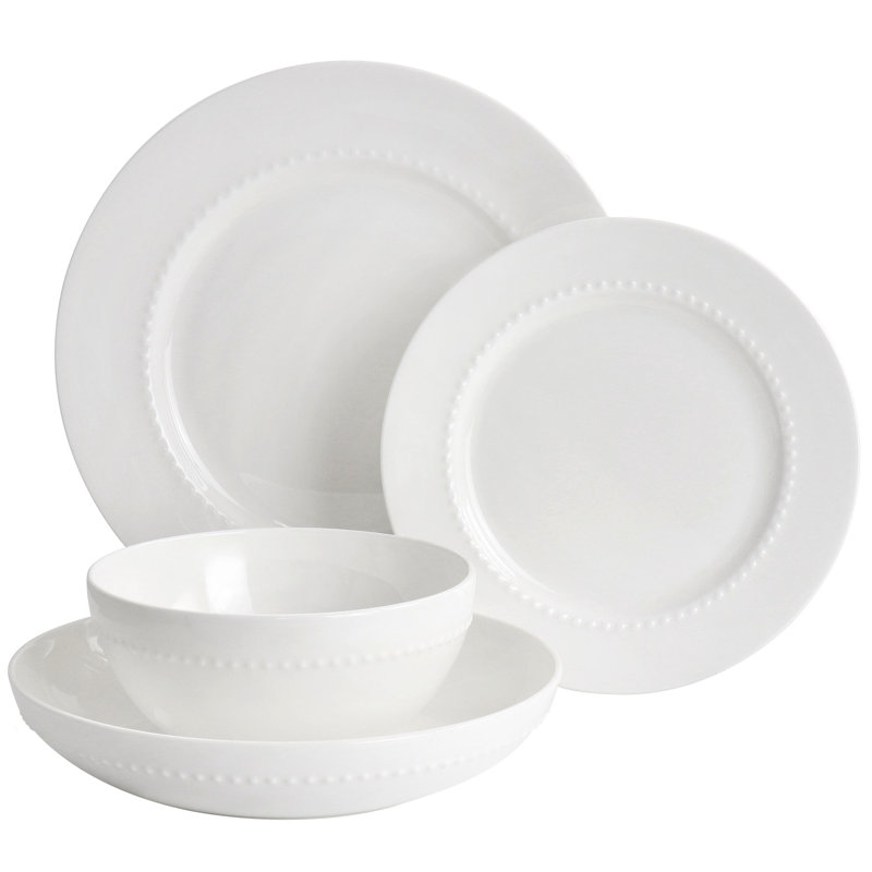 White Porcelain Embossed 16-Piece Dinnerware Set, Service for 4