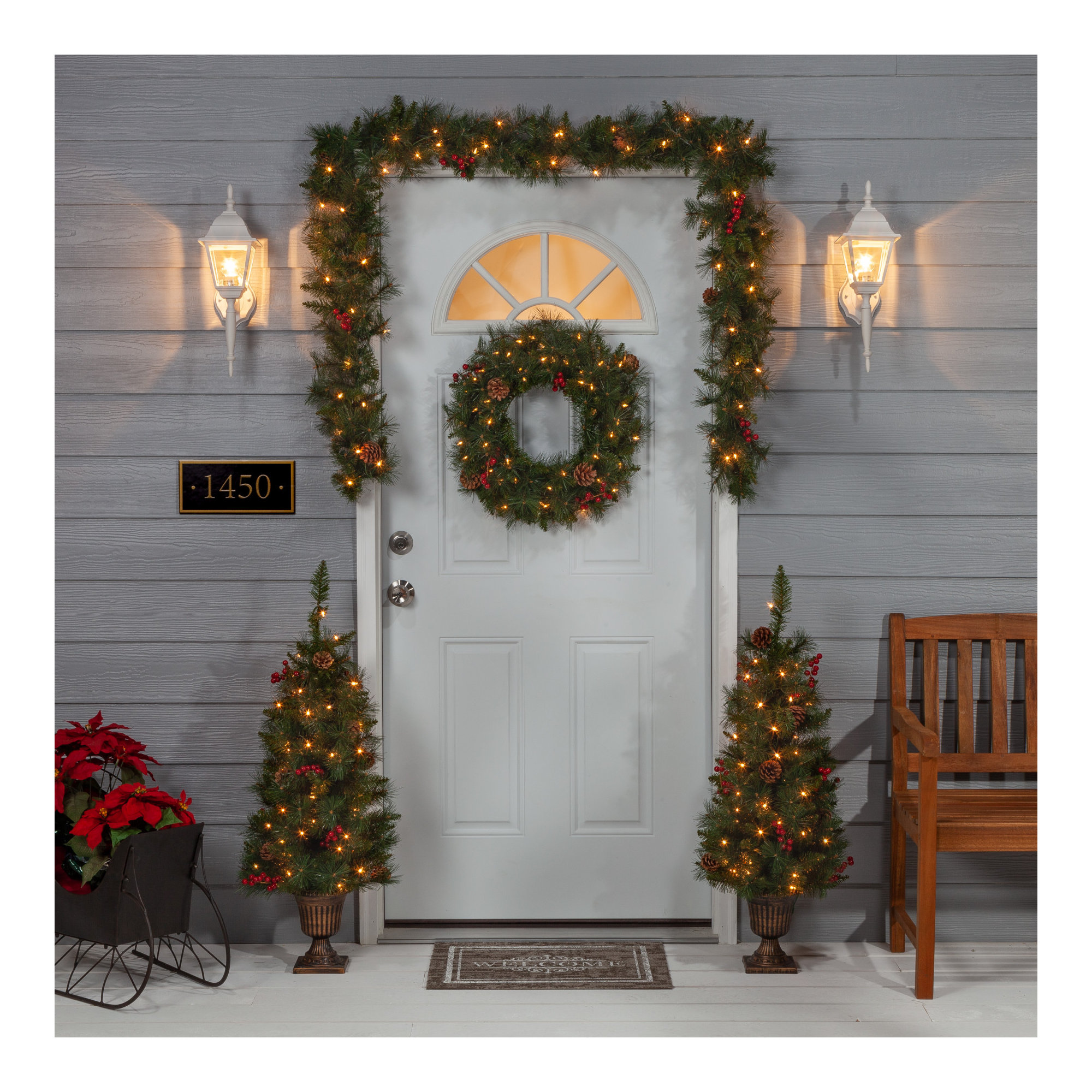 Deluxe 4 Piece Jefferson Pine Holiday Decor Set With Clear And Warm White Lights