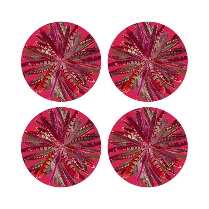 Pheasant Feathers Vegan Leather Round Pebble Placemat, Plum
