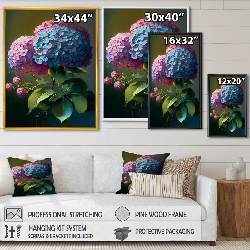 " Retro Hydrangena III ", 20" H x 12" W x 1" D, Gold Floater Framed Canvas