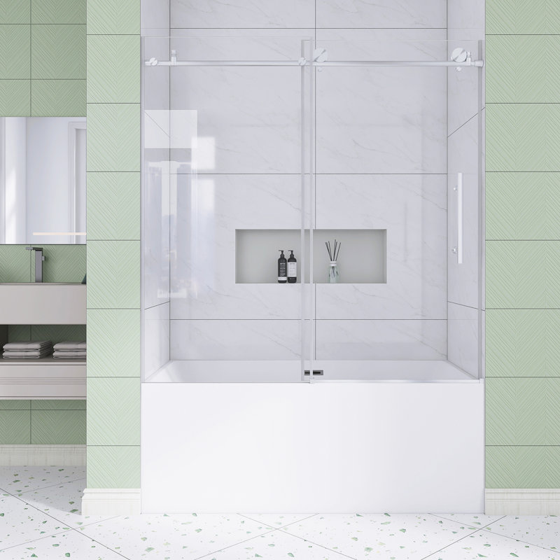 56-60 In. W × 60 In. H Frameless Shower  With 1/4" Tempered Glass In Brushed Nickel |  Explosion Proof Film |   Stainless Steel Handle