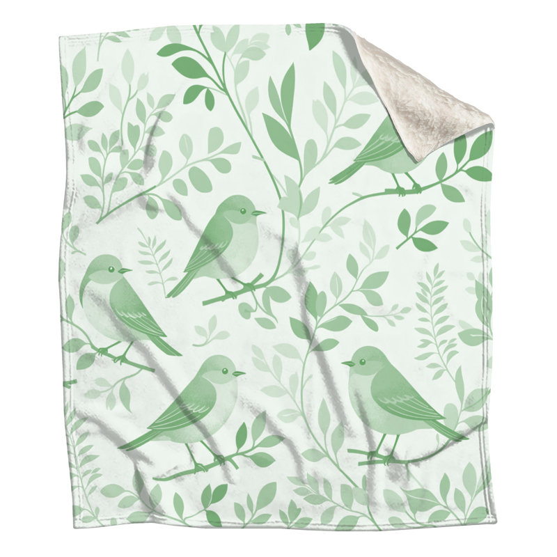 Couvertures illustrées d'oiseaux sur des branches, L 50 po x H 60 po, Vert moyen / vert clair