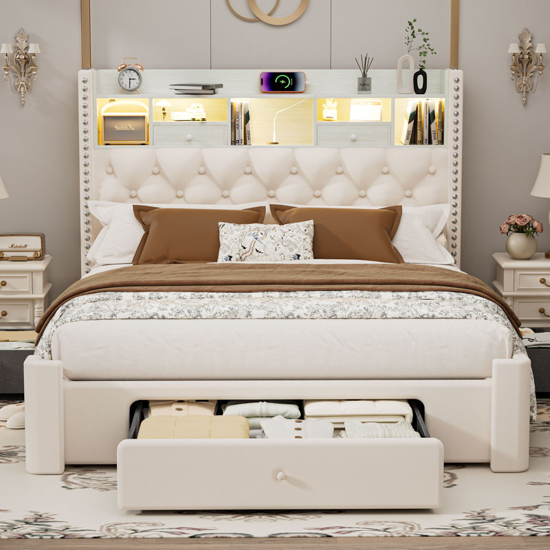 Bed Frame with Storage Drawers,Bed Frame with LED Lights,Velvet Upholstered Platform Bed with LED Lights and Charging Station,No Box Spring Needed,Noise-Free,Easy Assembly