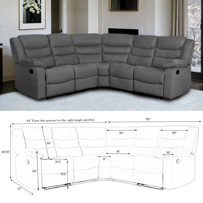 Reclining Sectional Sofa, Microfiber Manual 5 Seats Recliner Sectional Sofa with Cup Holders, Gray Microfiber