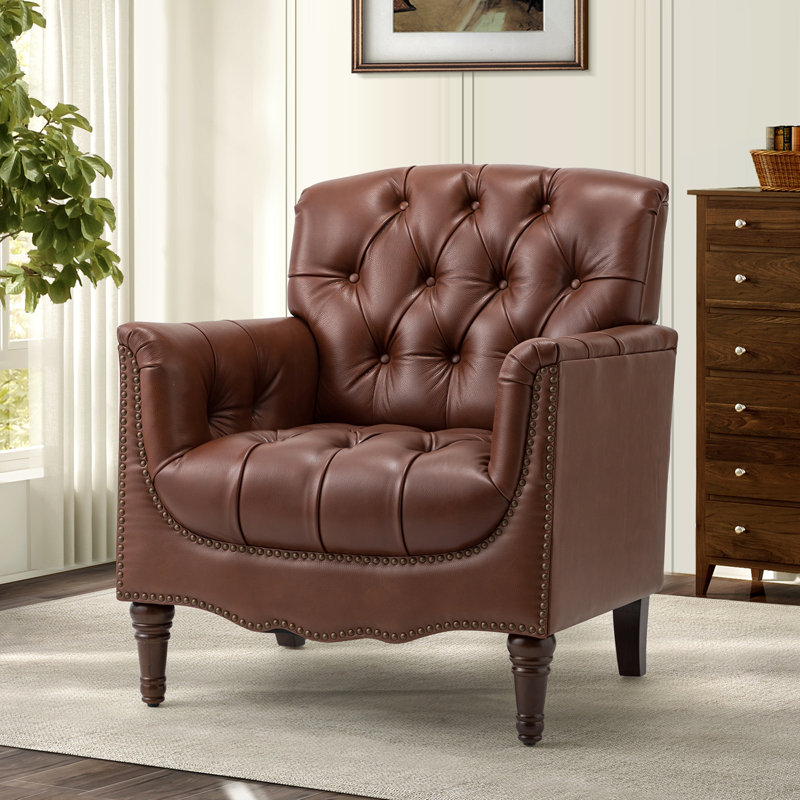 Fauteuil en cuir capitonné Annja, Cuir fleur brun