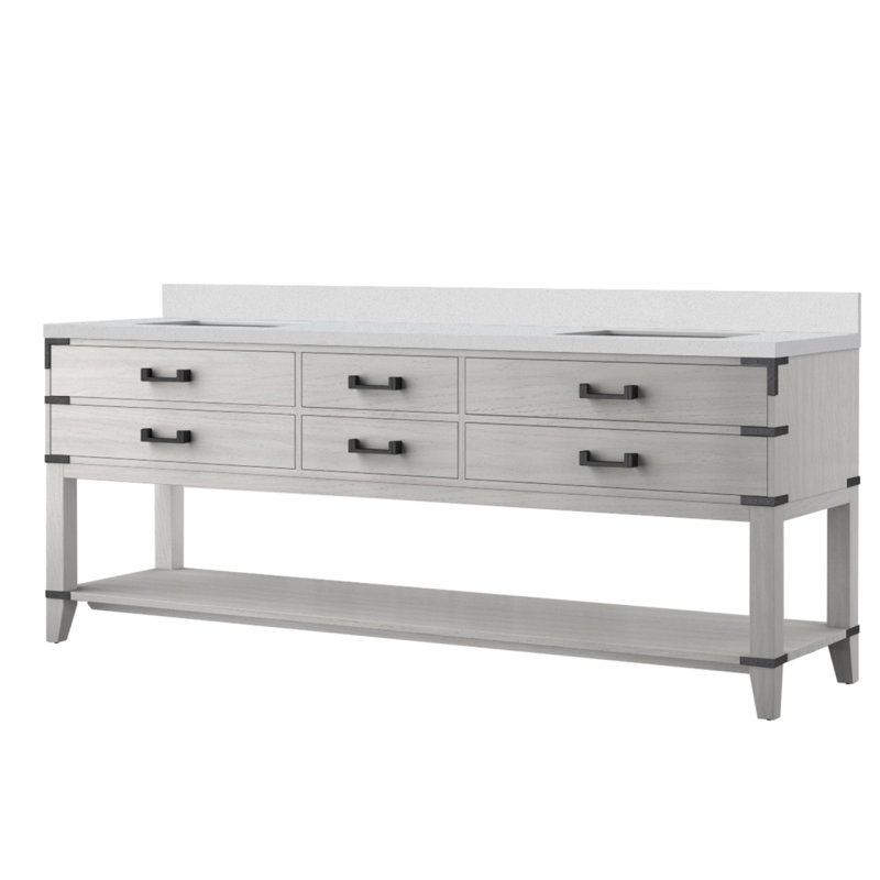 Meuble-lavabo double en chêne blanc 84 po X P 22 po D, avec plateau en marbre de culture, Chêne blanc, 84"