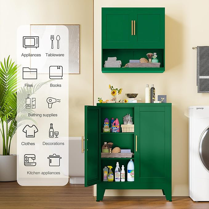 Armoire de rangement pour garde-manger en métal de 35,83 po, armoires de rangement avec 2 portes et 2 tablettes réglables, armoire de rangement verte, placard autoportant pour cuisine / buanderie / salon / chambre à coucher
