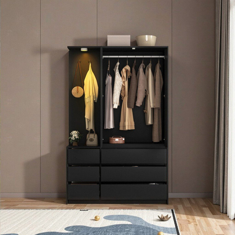 Garde-robe à 6 tiroirs à DEL, garde-robe en bois avec rail de suspension, tablettes de rangement et sécurité anti-basculement