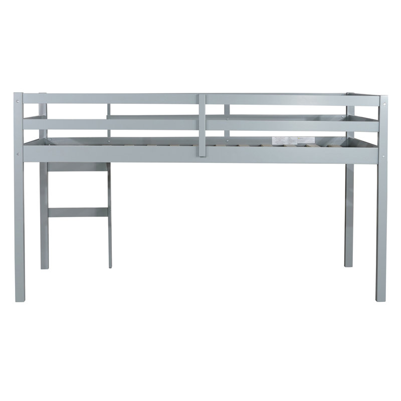 Solid Rubberwood Twin Loft Bed with Ladder, Sturdy Slat Platform, Space-Saving Storage & Safe Guardrails, Grey, Gray, Twin