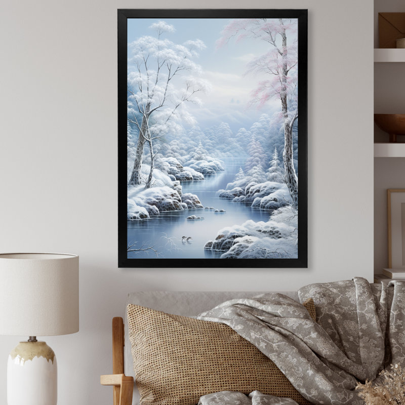 «Winter River Snow Charm Landscape III», reproduction sur toile, Cadre simple noir, H 32 po x l 24 po x P 1 po